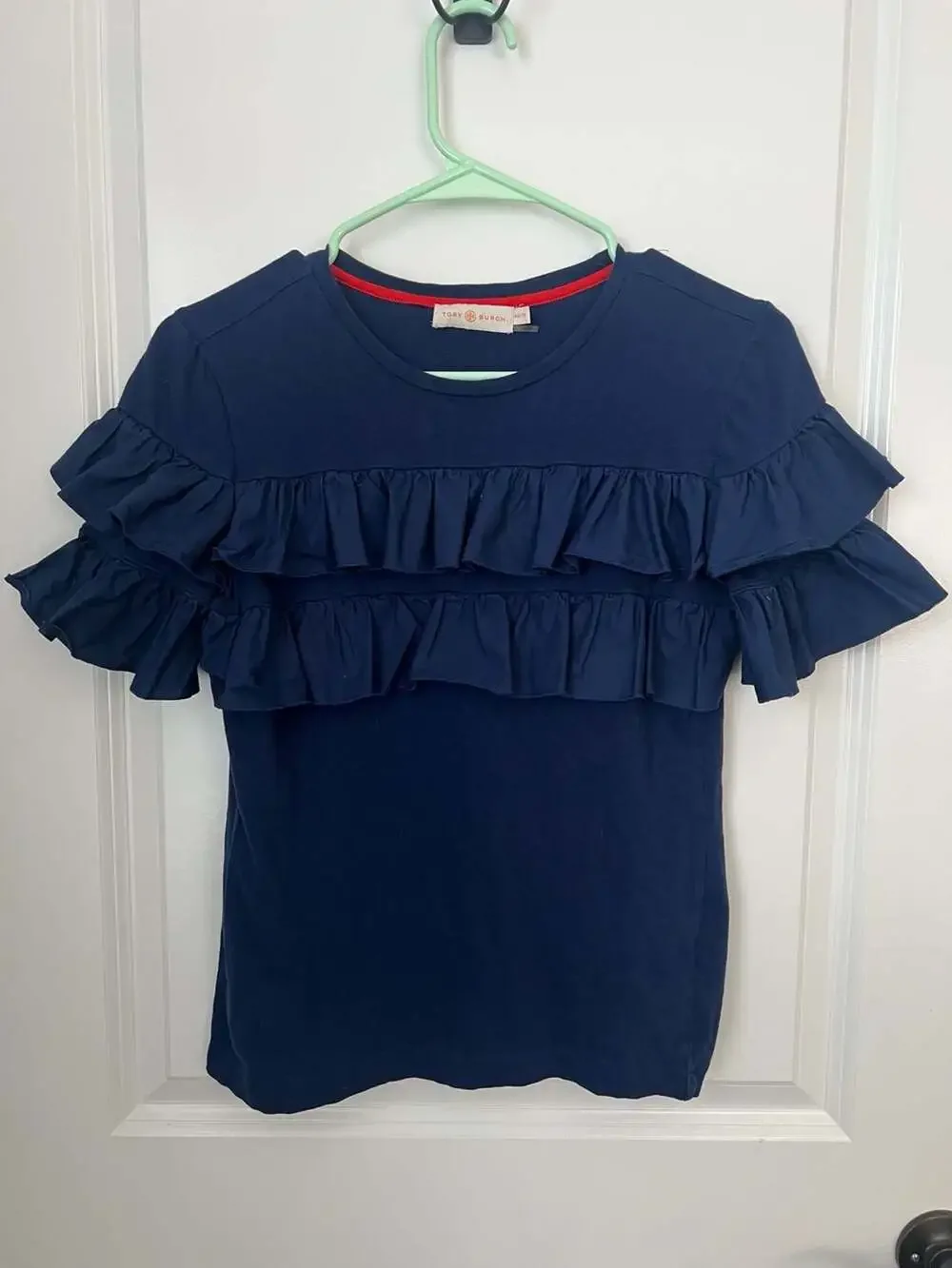 Tory Burch Navy Blue Ruffle Short Sleeve Tee